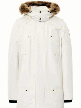 Moose Knuckles Sterling Down Parka Jacket White Gold Metal Logo Fur XL Unisex